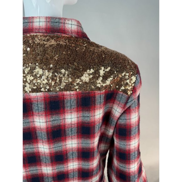 E2 Plaid and Sequin Western Styled Shirt M Red Blue Cotton Vintage - Picture 7 of 16
